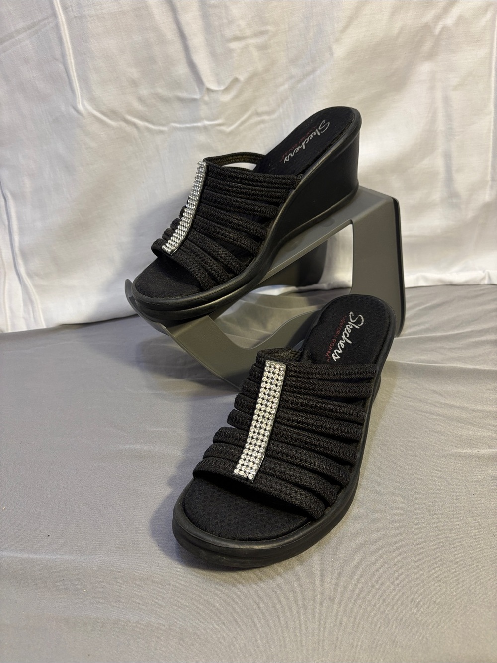 Skechers Black Wedge Slide Sandals with Sparkling Rhinestone Trim